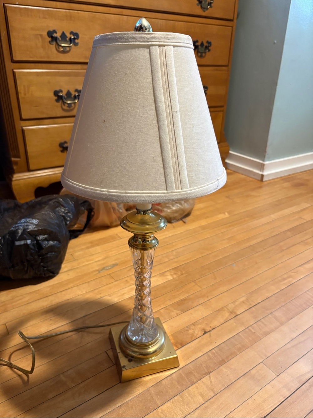 Vintage Brass and Clear Glass Table Lamp with Cream Shade